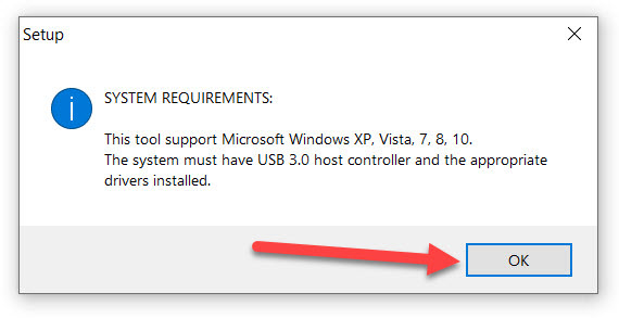 Dialog box displaying the system requirements warning